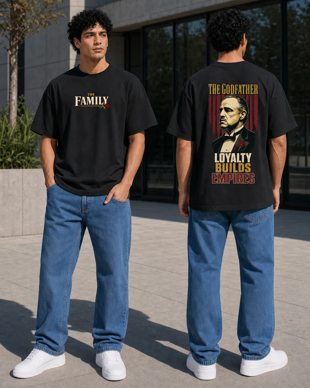 T-shirt oversize noir The Godfather porté, avec petit motif devant et grand imprimé au dos