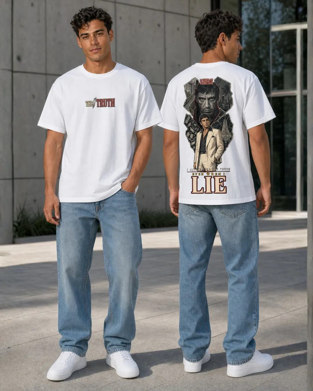 T-shirt oversize blanc Scarface porté, avec petit motif devant et grand visuel au dos