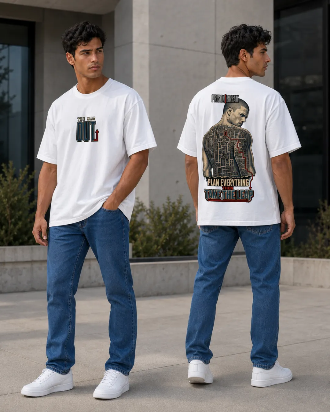 T-shirt oversize blanc Prison Break porté, avec motif The Way Out devant et grand imprimé au dos
