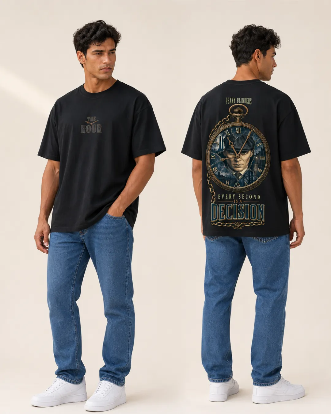 T-shirt oversize noir Peaky Blinders porté, avec petit motif devant et grand imprimé vintage au dos