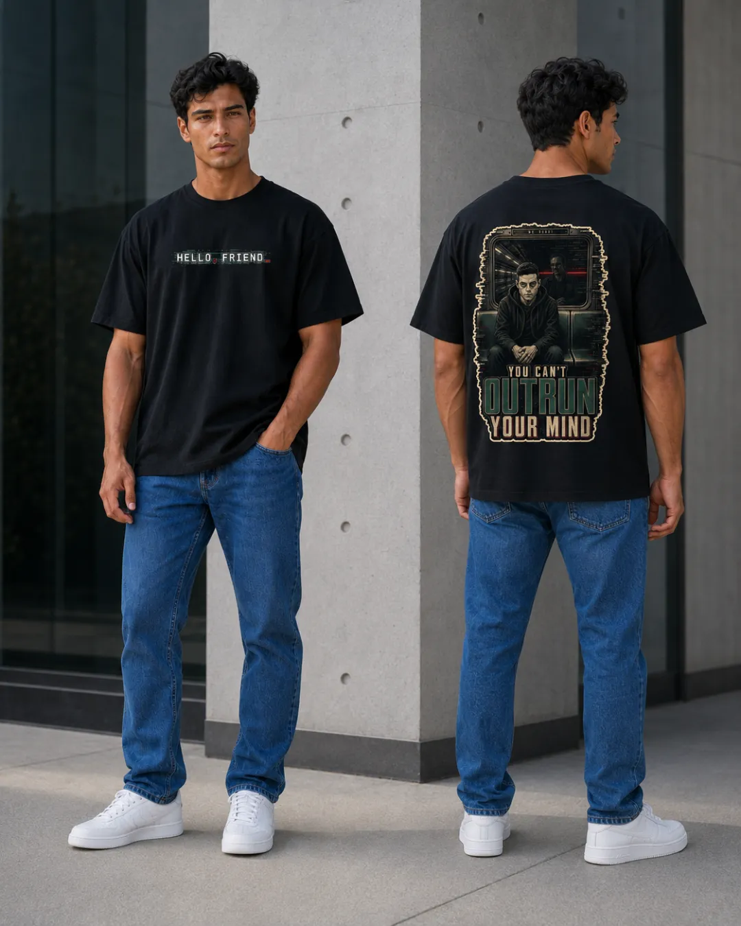 T-shirt Oversize noir avec grand visuel You Can’t Outrun Your Mind